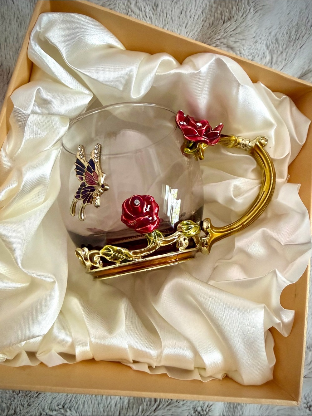 Glass Teacup with Gold Handle and Red Rose Accent